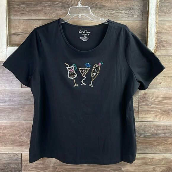 CORAL BAY Womens Plus Size 2X Scoop Neck Embellished Cocktails Graphic Top Black - Picture 3 of 6